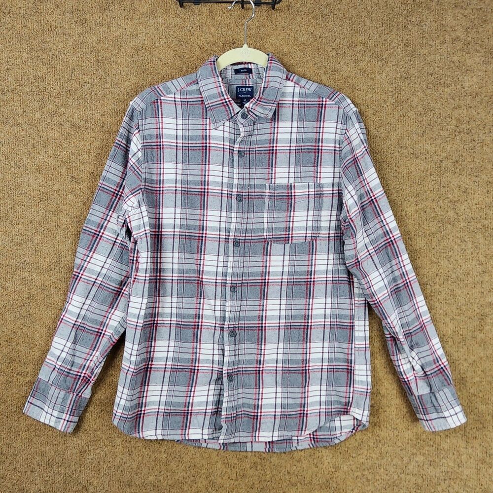 J. Cew Men Slim Fit Flannel Button Down Up Shirt Gray/Red Medium Long Sleeve